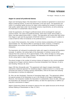 The Hague &ndash; February 15, 2013 Aegon to cancel all preferred
