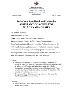 Swim Newfoundland and Labrador ASSISTANT COACHES FOR