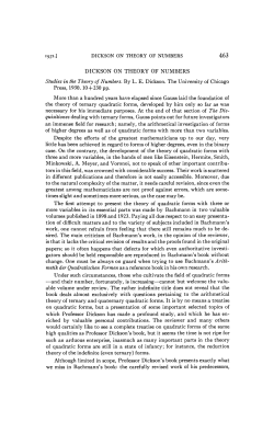 DICKSON ON THEORY OF NUMBERS DICKSON ON THEORY OF