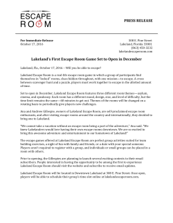 PRESS RELEASE Lakeland`s First Escape Room Game Set to Open