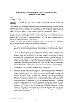 form of legal opinion to be delivered in connection with the