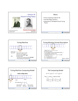 Lecture 14: Church-Turing Thesis Menu Turing Machine