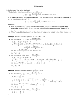 2.2 Derivative 1. Definition of Derivative at a Point: The derivative of