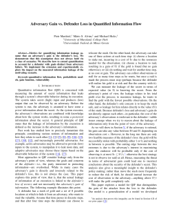 Adversary Gain vs. Defender Loss in Quantified Information Flow