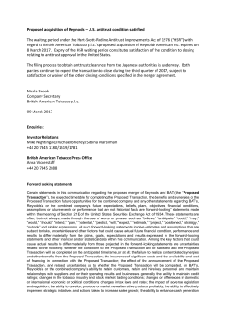 Proposed acquisition of Reynolds – U.S. antitrust condition satisfied