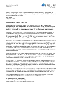 Outcome of Episurf Medical`s rights issue