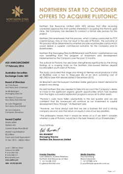 NORTHERN STAR TO CONSIDER OFFERS TO ACQUIRE PLUTONIC