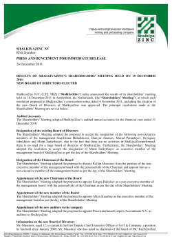 ShalkiyaZinc NV RNS Number: Press Announcement for immediate