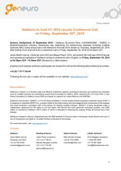 GeNeuro to hold H1 2016 results Conference Call on Friday