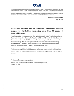 SSAB`s share exchange offer to Rautaruukki`s