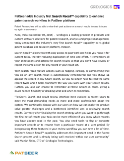 PatSeer adds Industry first Search Recall&trade; capability to enhance