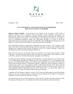 Natan Resources announces increase of