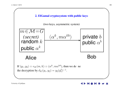 Alice Bob m&isin;M=G (secret) random k public &alpha;k (&alpha; ,m&alpha; ) private b