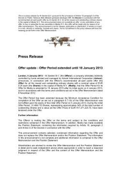 Offer Period extended until 18 January 2013