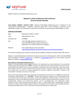 PRESS RELEASE Neptune to Hold Conference Call to Discuss