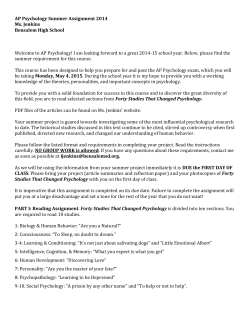 AP Psychology Summer Assignment 2014 Ms. Jenkins Bensalem