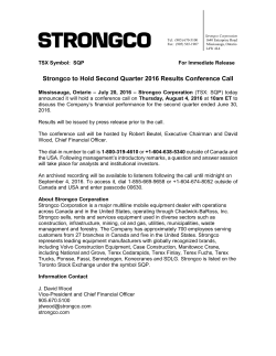 Strongco to Hold Second Quarter 2016 Results Conference Call