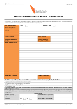 application for approval of dice / playing cards