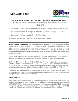 BIMB Holdings Reports Record PBZT of RM869.2 Million for FY2016