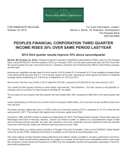 Peoples Financial Corp. Third Quarter Income Raises 30% Over