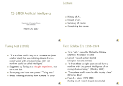 CS-E4800 Artificial Intelligence Lecture Turing test (1950) First