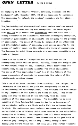 In replying to Ms Brown`s "Theory, Concepts, Analysis and the