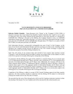 Natan Resources announces a brokered private placement of a