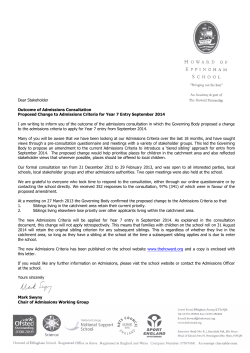 Outcome of 2013 Admissions Consultation for 2014 entry