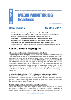 Headlines &ndash; 16.05.2017 - UNMIK Media Observer