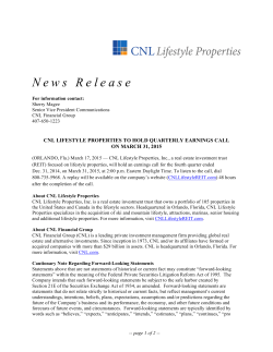 CNL Lifestyle Properties to Hold Quarterly Earnings Call on March