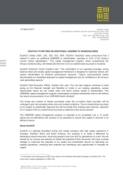SOUTH32 TO RETURN AN ADDITIONAL US$500M TO
