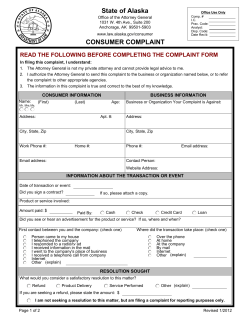 State of Alaska CONSUMER COMPLAINT