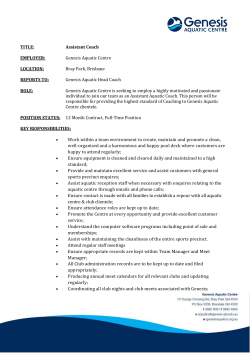TITLE: Assistant Coach EMPLOYER: Genesis Aquatic Centre