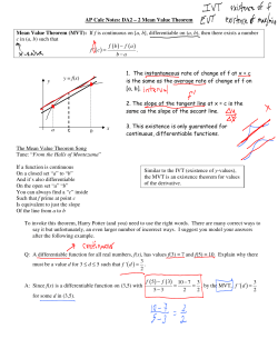 AP Calc Notes: DA2 &ndash; 2 Mean Value Theorem Mean Value Theorem