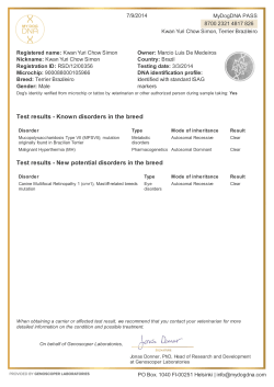 Test results - Known disorders in the breed Test