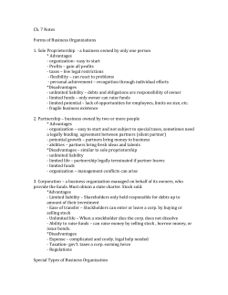 Ch. 7 Notes Forms of Business Organizations 1. Sole Proprietorship