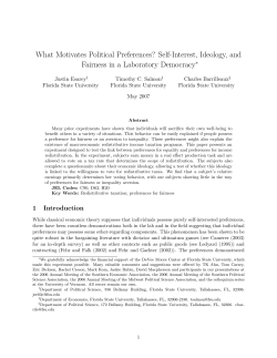 Self!Interest, Ideology, and Fairness in a Laboratory Democracy!