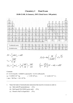 Chemistry I Final Exam 18:00-21:00, 16 January, 2015 (Total Score