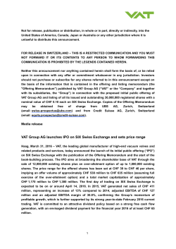 VAT Group AG launches IPO on SIX Swiss Exchange and sets price