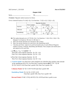Chapter 9 HW a. a=50, = = = Firm One`s best response functi