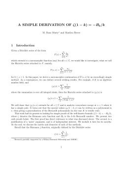 A SIMPLE DERIVATION OF &zeta;(1 &minus; k) = &minus;B k/k