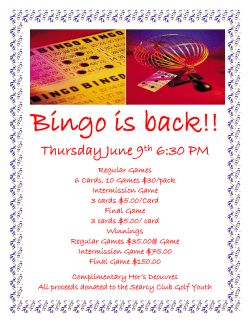 Bingo is back!! Thursday June 9th 6:30 PM Regular Games 6 Cards