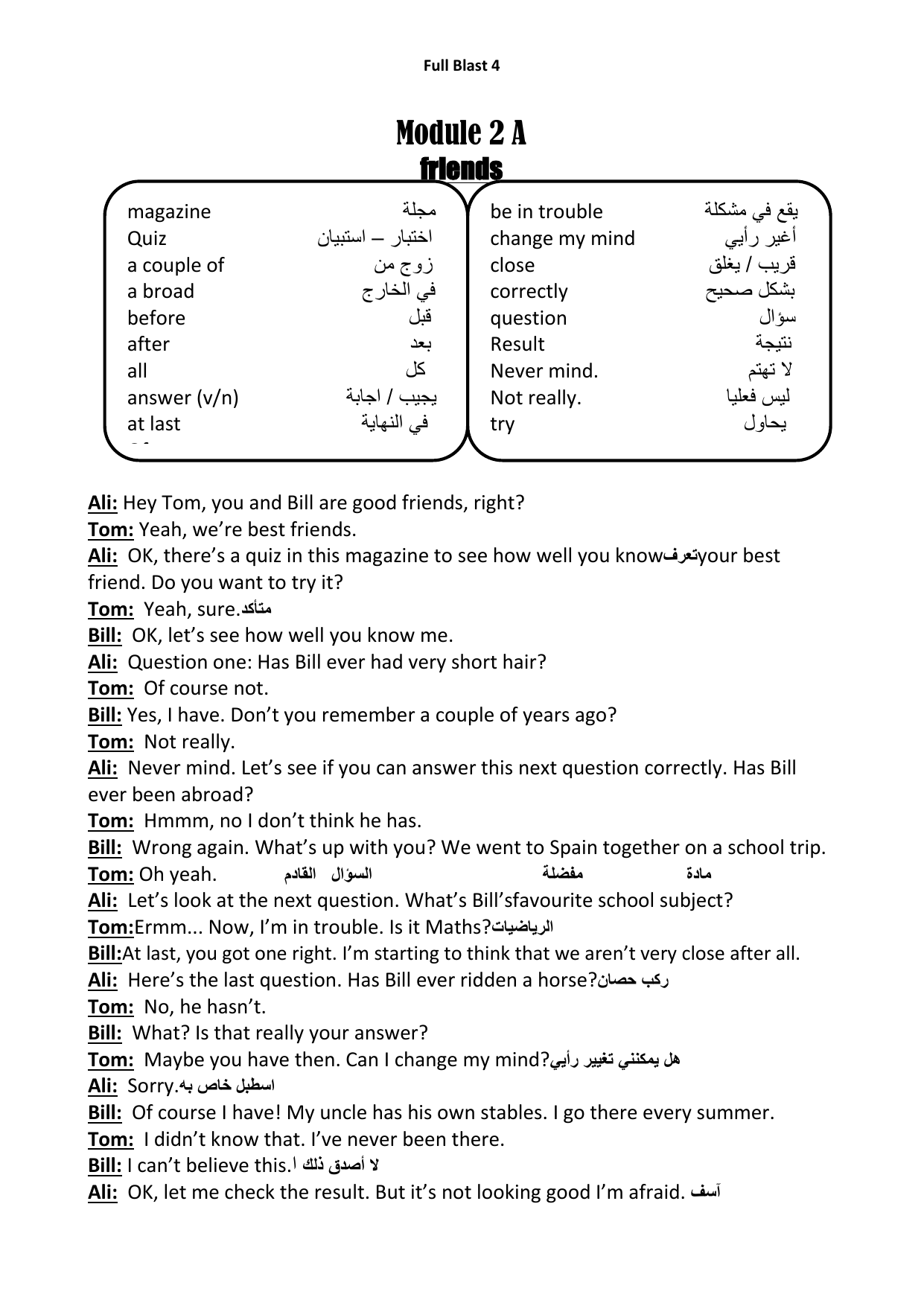 Full Blast 4 Module 2 صديق علي مرحبًا توم أنت وبيل