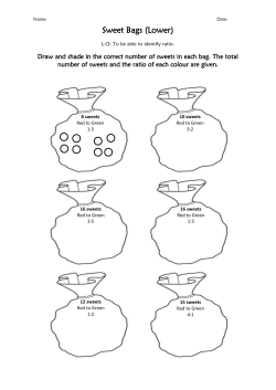 Draw and shade in the correct number of sweets in each bag. The