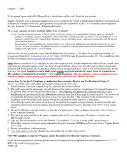 February 14, 2014 To designated agent on behalf of Regent University
