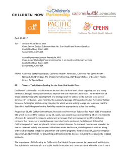 RE: Tobacco Tax initiative funding for the State Oral Health Plan