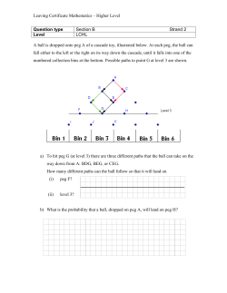 A coin is dropped onto peg A of a binary cascade toy, illustrated below