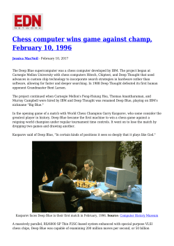 Chess computer wins game against champ, February 10, 1996