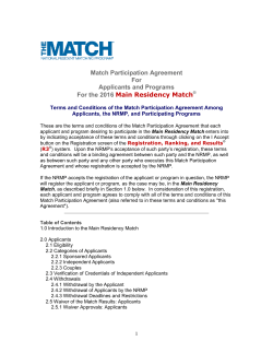 Match Participation Agreement For Applicants and Programs For the