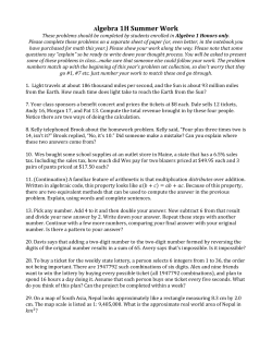 Algebra 1 Honors Supplementary Packet